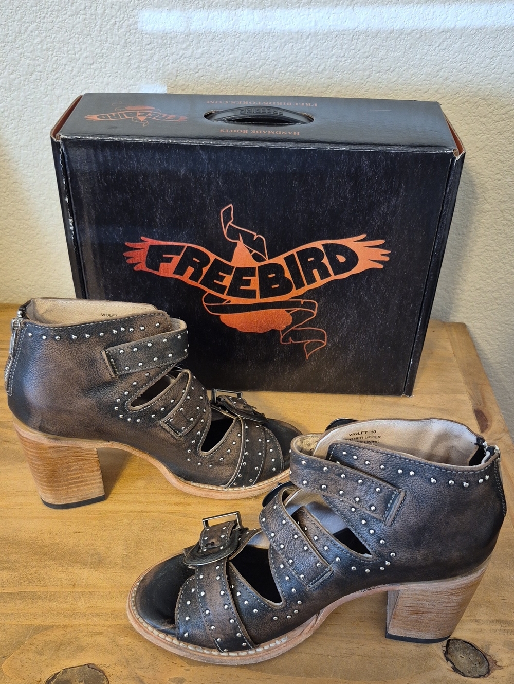 Freebird Distressed Brown Studded Cutout Buckle Heels - Picture 4 of 7